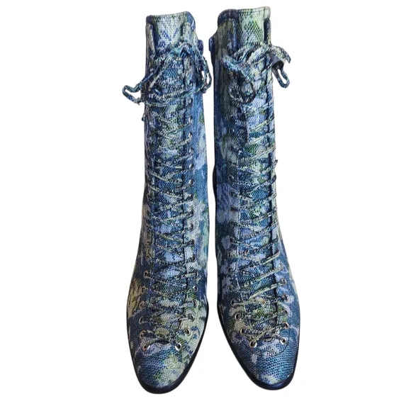 Jeffrey Campbell Hastings Blue Green Floral Tapestry Victorian Boots Lace Up - Picture 5 of 16